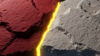 A powerful glowing fissure splits apart contrasting red and white stone textures