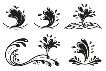 Water drops, black sea ocean waves stencil. Liquid elements, cry droplet icons vector set. Ink, sauce, river isolated