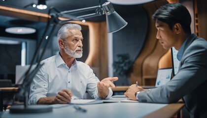 Focused shot of a serious senior white businessman in a white shirt actively discussing business strategy and advising a younger Asian colleague during an intense late-night meeting
