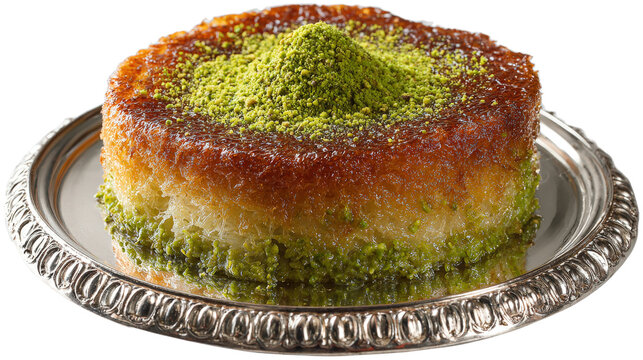Kunefe with pistachio Turkish dessert kunefe with pistachio powder on a silver platter isolated on a white background