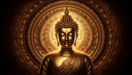 Fototapeta premium golden buddha statue portrait with big golden mandala