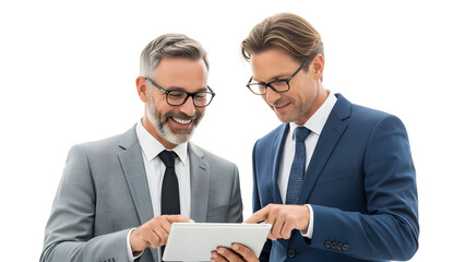 Two smiling businessmen in suits and glasses collaborating on a digital tablet