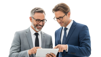 Two smiling businessmen in suits and glasses collaborating on a digital tablet