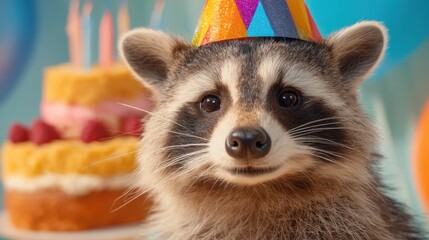 A raccoon is dressed in a colorful party hat looking joyful as it celebrates a birthday. A cake with candles and decorations is visible in the background enhancing the festive mood.