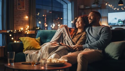 Diverse couple relaxing on a cozy sofa under a blanket in their living room, watching television, celebrating New Year's Eve or a holiday with warm fairy lights and a comfortable, romantic atmosphere