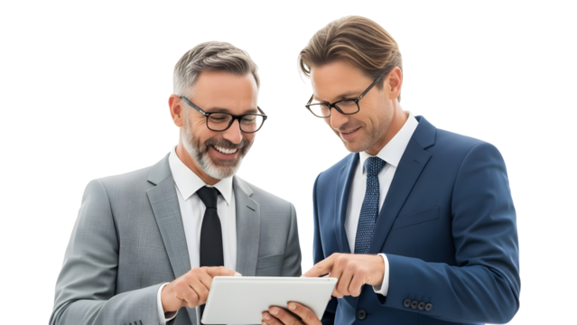 Two smiling businessmen in suits and glasses collaborating on a digital tablet