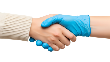 Close-up of two hands in blue medical gloves shaking each other in a gesture of support and care