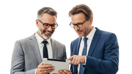 Two businessmen in suits collaborating on a digital tablet, discussing a project with focus and professionalism