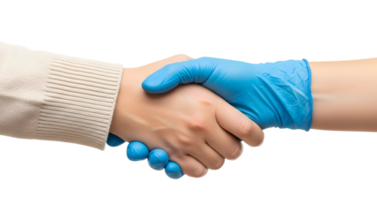 Hands shaking with a blue medical glove symbolizing healthcare and safety