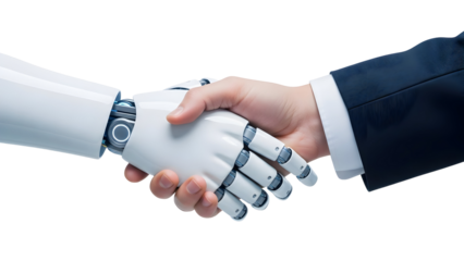 Collaboration between human and artificial intelligence, depicted by a handshake