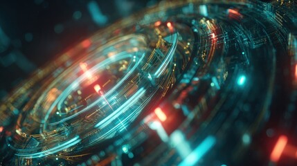 A vibrant, futuristic digital design featuring swirling patterns of light and color, evoking a sense of technology and motion.