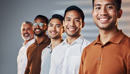 Happy diverse group of professional men standing shoulder-to-shoulder, smiling confidently at the camera, representing teamwork, collaboration, and modern business success