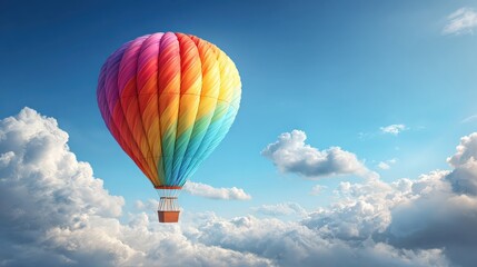Naklejka premium A vibrant hot air balloon floats among fluffy clouds under a bright blue sky, creating a picturesque scene of adventure and tranquility.