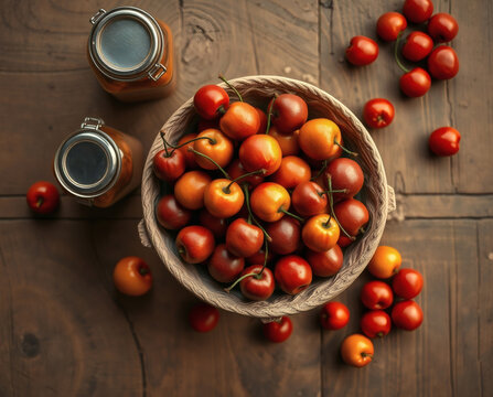 Harvesting ripe tomatoes in a rustic kitchen setting with jars and fresh produce during a sunny afternoon - Powered by Adobe
