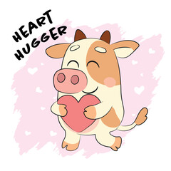 Cute kawaii cow hugging heart illustration