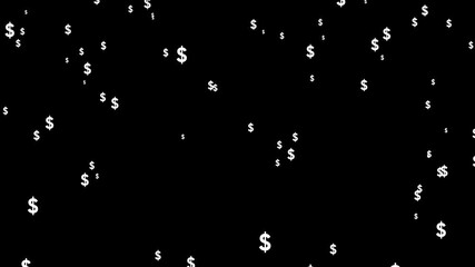White dollar signs floating and falling on black background representing financial success wealth and economic growth abstract animation