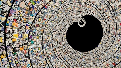 An abstract, kaleidoscopic spiral vortex made of countless tiny, colorful tiles creating a sense of depth and motion