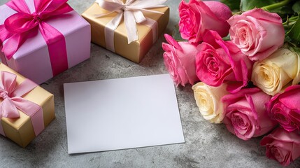 Assortment of wrapped presents and colorful roses placed around a blank card for personalized message