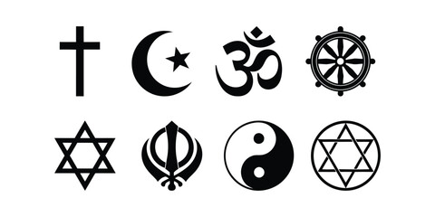 Collection of symbols representing various world religions in black and white