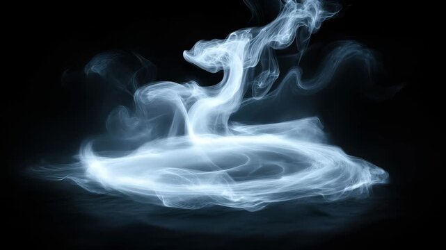 Abstract glowing blue white smoke vortex ring shape rising up from a dark surface against a black background 4k video