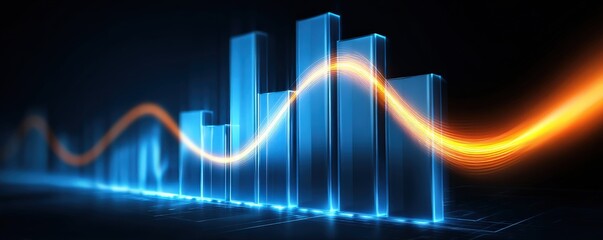 A futuristic visualization of data trends with glowing bars and a flowing line graph against a dark background, symbolizing analytics and performance.