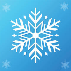 A detailed close up view of a delicate white snowflake design presented against a soft blue gradient background with subtle smaller snowflakes scattered