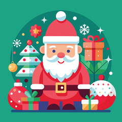 Whimsical flat design illustration of santa claus surrounded by festive christmas decorations and gifts in vibrant cmyk colors