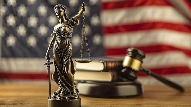 A bronze statuette of a blindfolded female figure holding scales and a sword stands on a wooden desk In the background a gavel books and a flag with stars and stripes are visible