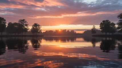 Obraz premium Sunrise over calm lake reflection