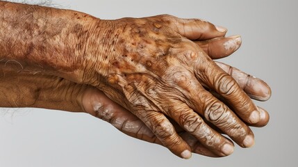 World Leprosy Day. Medical documentary photography of hands showing leprosy skin lesions and hypopigmented patches, clinical lighting, educational dermatology textbook style