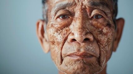 World Leprosy Day. Medical portrait showing facial features affected by leprosy, frontal view clinical photography, neutral expression, hospital background, educational dermatology documentation