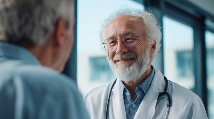 Fototapeta premium World Leprosy Day. Professional male doctor in white coat having compassionate conversation with elderly patient in bright modern hospital room, natural window lighting, trust and care atmosphere