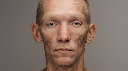 Obraz premium World Leprosy Day. Medical portrait showing facial features affected by leprosy, frontal view clinical photography, neutral expression, hospital background, educational dermatology documentation