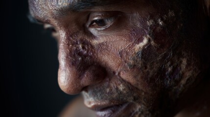 Obraz premium World Leprosy Day. Scientific documentary image of a person with advanced leprosy skin lesions nodules, thickened patches, visible nerve inflammation, detailed skin texture