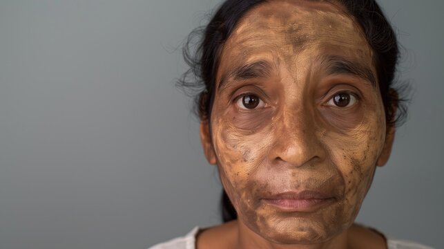 World Leprosy Day. Medical portrait showing facial features affected by leprosy, frontal view clinical photography, neutral expression, hospital background, educational dermatology documentation
