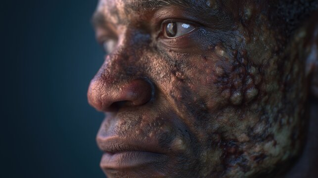 World Leprosy Day. Scientific documentary image of a person with advanced leprosy skin lesions nodules, thickened patches, visible nerve inflammation, detailed skin texture