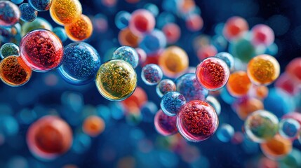 An abstract representation of colorful spheres resembling molecules or cells, set against a deep blue background, evoking a sense of science and exploration.
