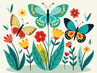 Whimsical garden scene with vibrant butterflies fluttering among colorful spring flowers and lush green foliage illustration