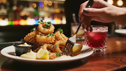 Succulent appetizers, including crispy fried squids served with zesty lemon wedge and glass of wine, await on elegantly set table capturing the concept of informal yet sophisticated gatherings.