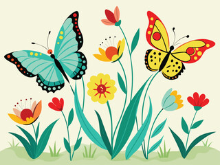 Whimsical hand drawn meadow scene featuring two vibrant butterflies fluttering gracefully among a variety of colorful wildflowers perfect for banners and advertisements