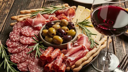 Sliced meats and olives arranged on a table, evoking classic antipasto concepts perfect for advertising fine dining establishments, luxury events, or upscale lifestyle brands.