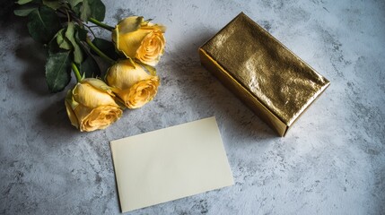Three yellow roses a wrapped present and a blank card rest on a textured surface