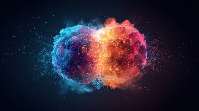 A vibrant abstract representation of two colliding energy spheres, showcasing a mix of blue and orange hues with sparks and glowing effects.