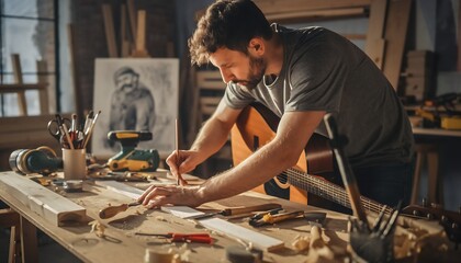 Dedicated White man working on a piece of wood for a constructive hobby, surrounded by tools and an acoustic guitar.