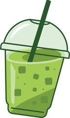 Minimalist illustration of iced green drink in plastic cup with straw, refreshing beverage graphic for summer, café menu, juice bar and healthy lifestyle projects