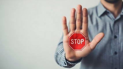 Firm hand with STOP sign overlay conveys strong warning message, perfect for business safety policies and public service announcements with assertive tone