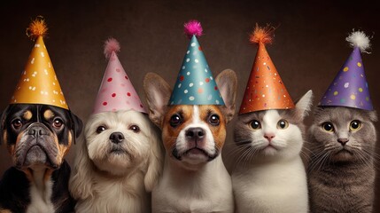 Five adorable pets including dogs and cats gather for a birthday celebration. They wear festive party hats and showcase playful expressions in a warm indoor atmosphere.