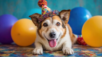 A cheerful dog wearing a colorful party hat lies on a vibrant surface surrounded by bright balloons. The scene captures the festive spirit of a joyful celebration.