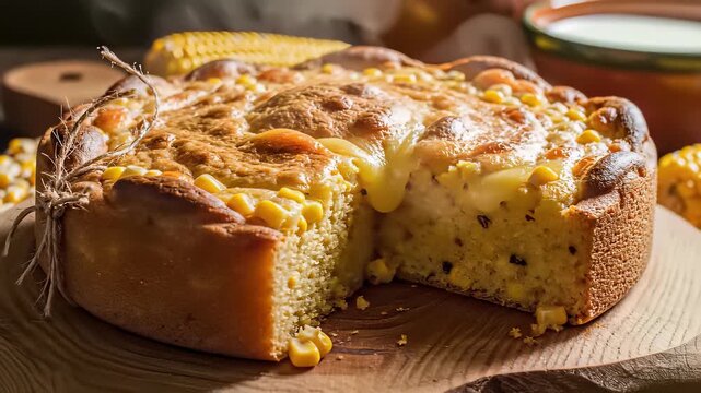 A delicious assortment of cakes with corn toppings sits on wooden boards and plates, perfectly capturing the essence of Paraguayan chipa culture and evoking feelings of warmth, hospitality.
