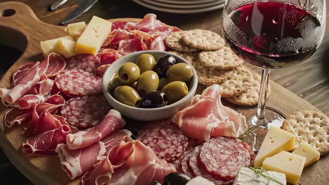 A beautifully arranged antipasto platter consisting of cured meats, artisanal cheeses, olives, crackers, and a glass of wine sits on a rustic wooden board, capturing the concept of social.